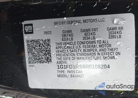 2024 Chevrolet Camaro Rwd 3Lt from USA, damaged, VIN 1G1FD1RS8R0108204